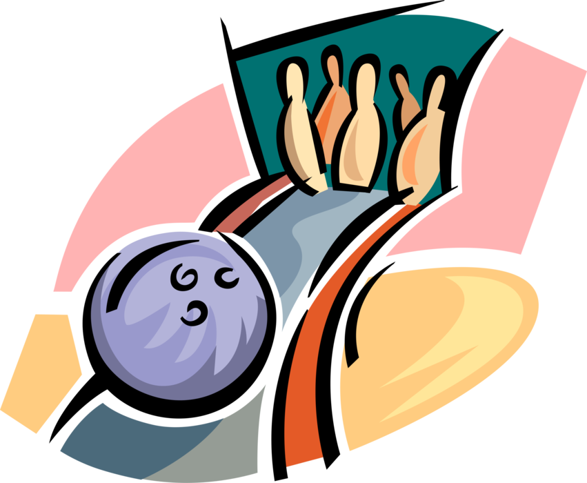 Vector Illustration of Sports Equipment Bowling Ball in Bowling Alley with Pins