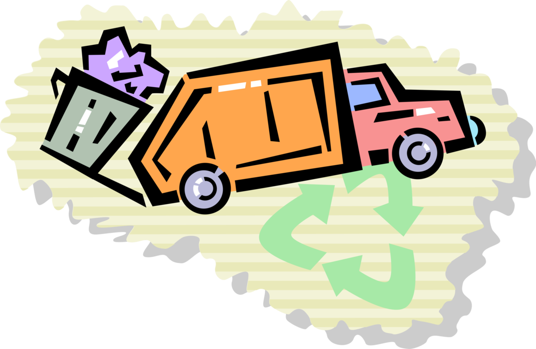 Vector Illustration of Garbage Truck Vehicle Collects Trash and Rubbish Refuse Waste for Disposal