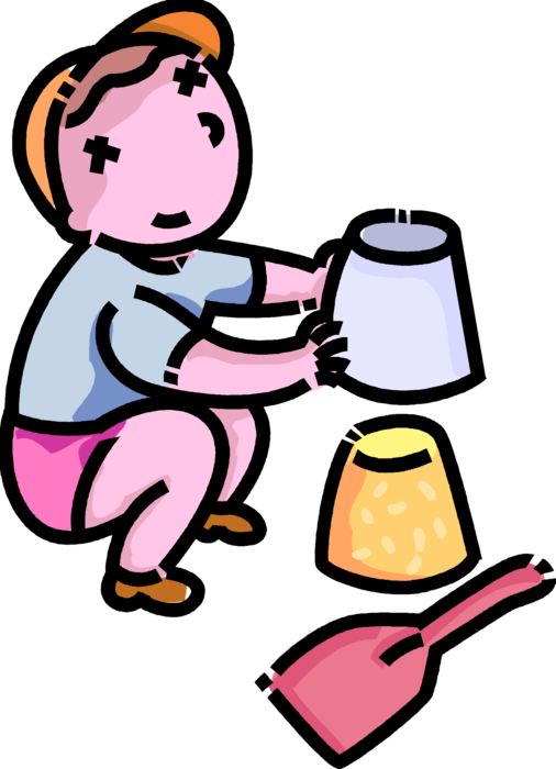 Vector Illustration of Primary or Elementary School Student Boy Builds Sand Castle in Sandbox with Pail and Shovel