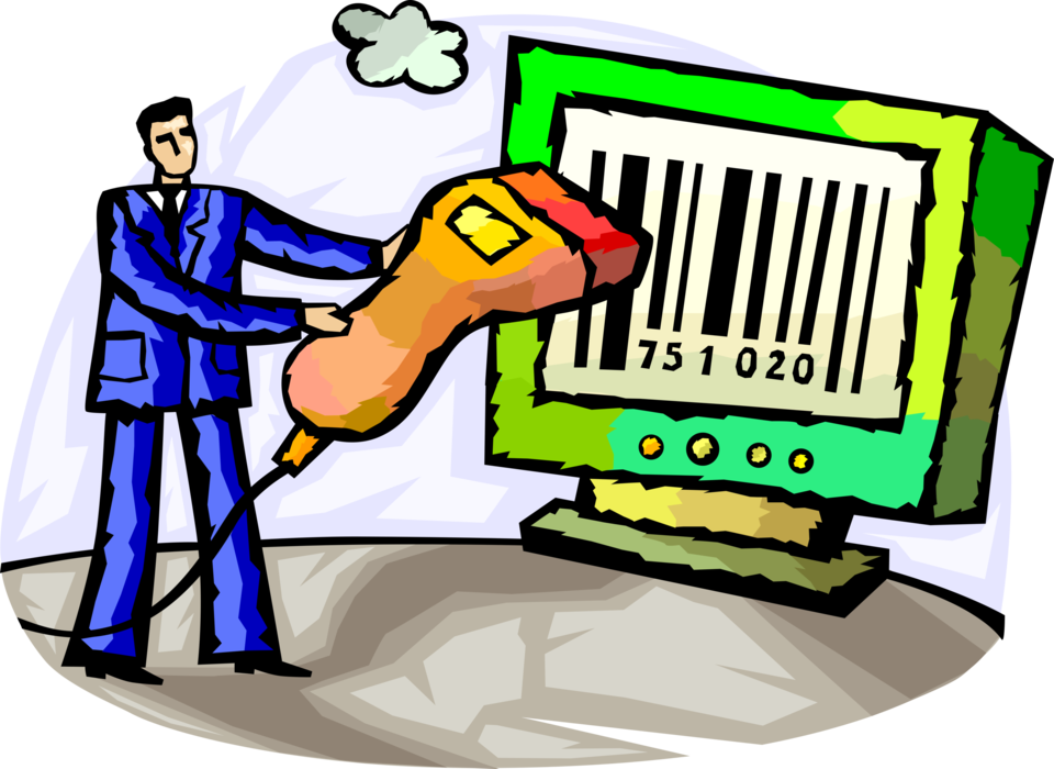 Vector Illustration of Businessman with Hand Scanner Scans Universal Product Code UPC Barcode