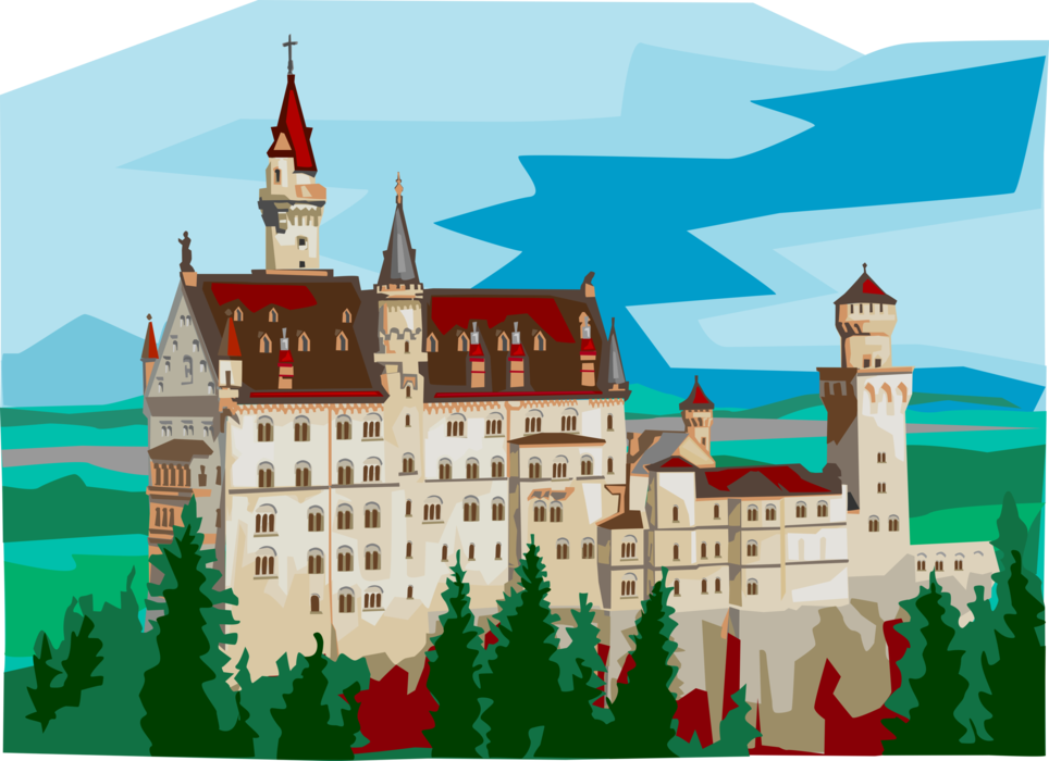 Vector Illustration of European Travel and Tourism Landmark Neuschwanstein Castle, Germany