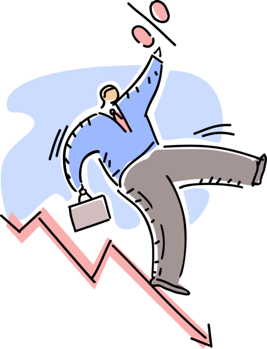 Vector Illustration of Businessman Slides Down Slippery Slope of Financial Market Decline with Loss Chart Arrow