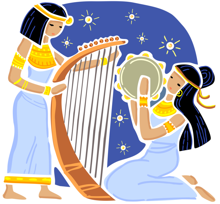 Vector Illustration of Ancient Egypt Women Play Egyptian Arched Harp and Tambourine Musical Instruments