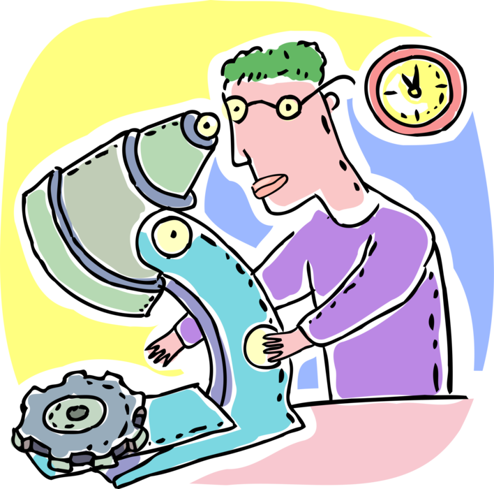 Vector Illustration of Industrialist Captain of Industry Looks Through Microscope at Cogwheel Gear Mechanism
