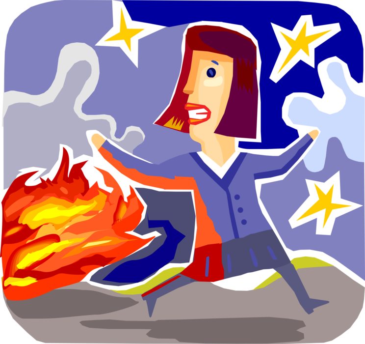 Vector Illustration of Businesswoman Escapes Flames in Burning Inferno Fire
