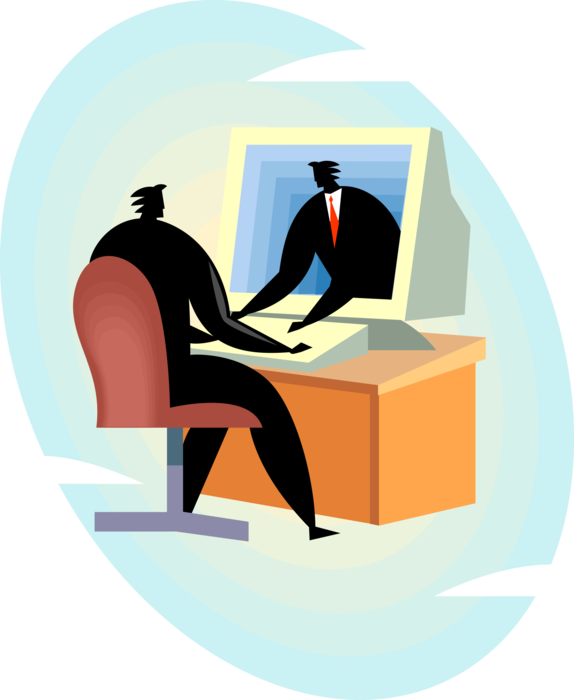 Vector Illustration of Business Associates Communicate Using Computer Online Skype Communications