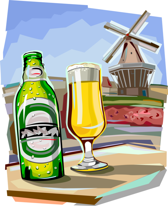 Vector Illustration of Glass of Fermented Malt Barley Alcohol Beverage with Windmill