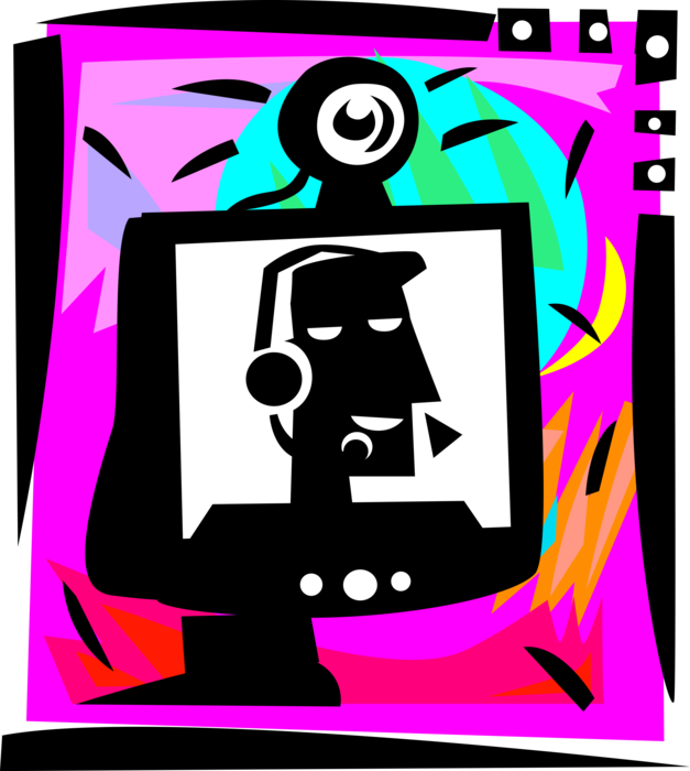Vector Illustration of Computer Online Skype Communications with Web Cam Camera and Microphone