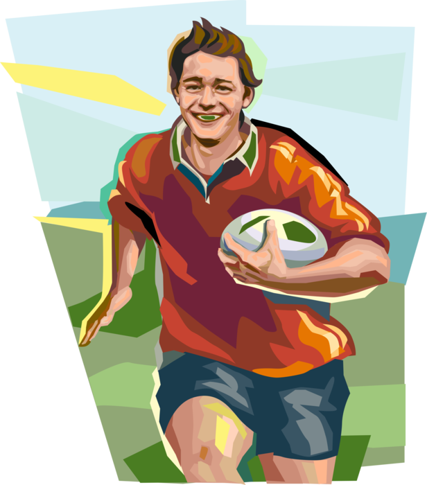 Vector Illustration of Rugby Player Runs with Ball During Match Game
