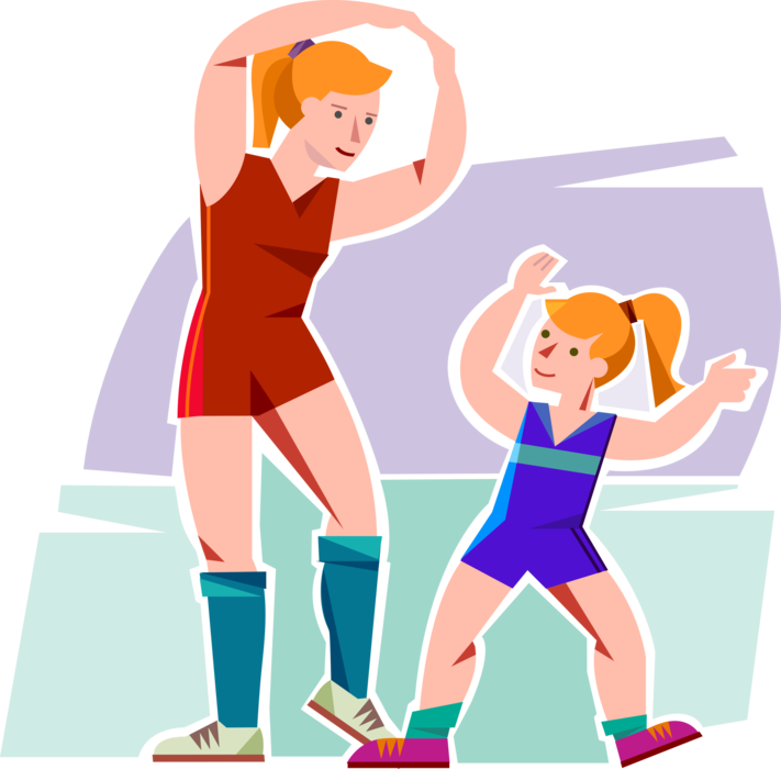 Vector Illustration of Mother and Daughter Get Physical Fitness Exercise Workout with Aerobics