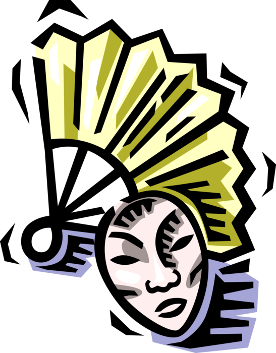 Vector Illustration of Chinese and Japanese Folding Hand Fan with Dance-Drama Kabuki Theatre Mask
