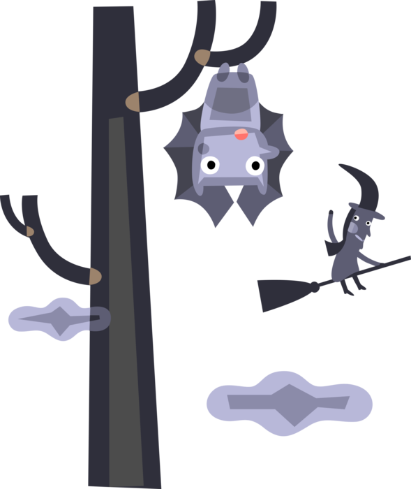 Vector Illustration of Halloween Bloodsucking Vampire Bat Hanging in Tree with Witch Riding Broomstick
