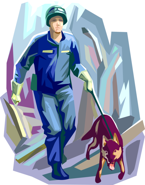 Vector Illustration of Emergency and Natural Disaster Worker with K-9 Search and Rescue Dog for Finding Lost People 