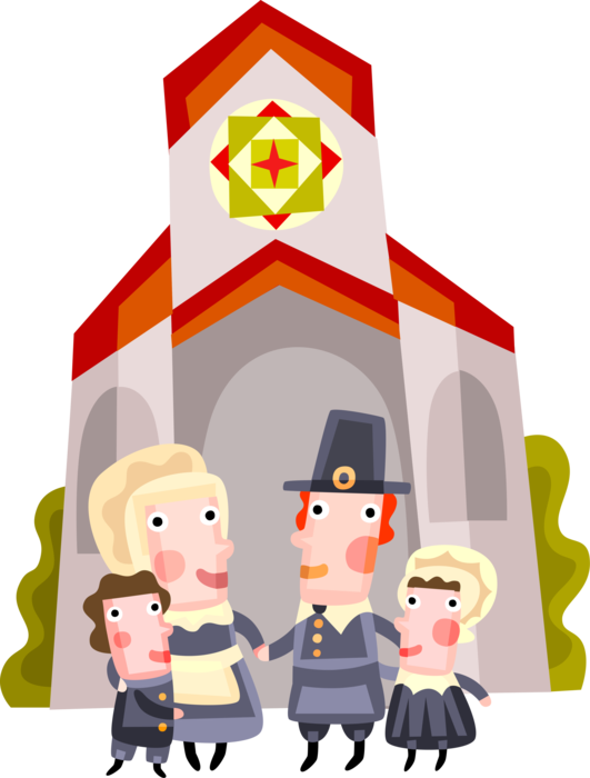 Vector Illustration of Pioneer Pilgrim Family Attends Religious Church Service on Sunday