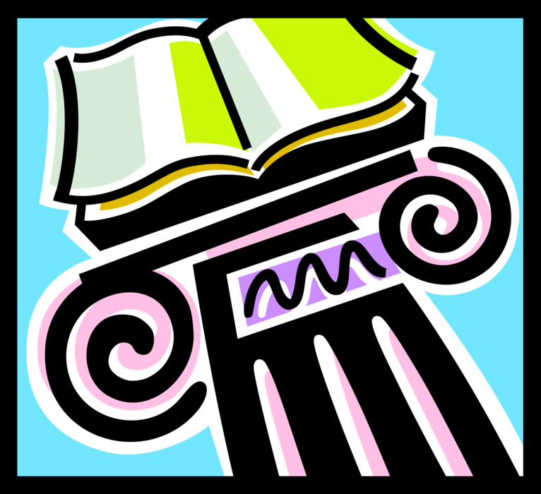 Vector Illustration of Book of Higher Learning and Knowledge on Column Pedestal with Spiral Sacred Symbol of Evolving Life Journey 