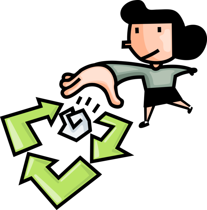 Vector Illustration of Recycling Process Converts Waste Paper into Reusable Objects with International Recycle Logo