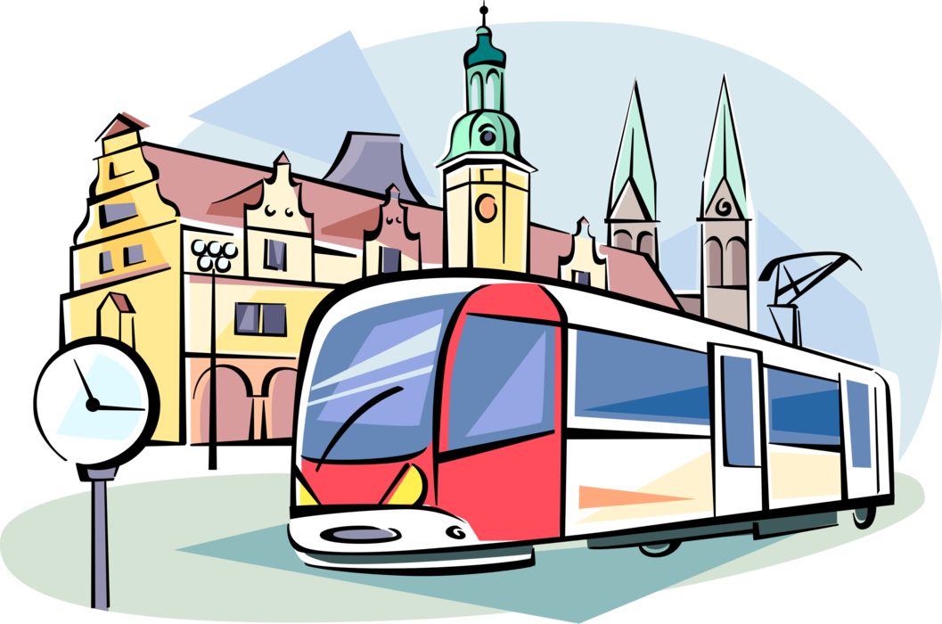 Vector Illustration of European Transportation Tram Electric Powered Rail Vehicle