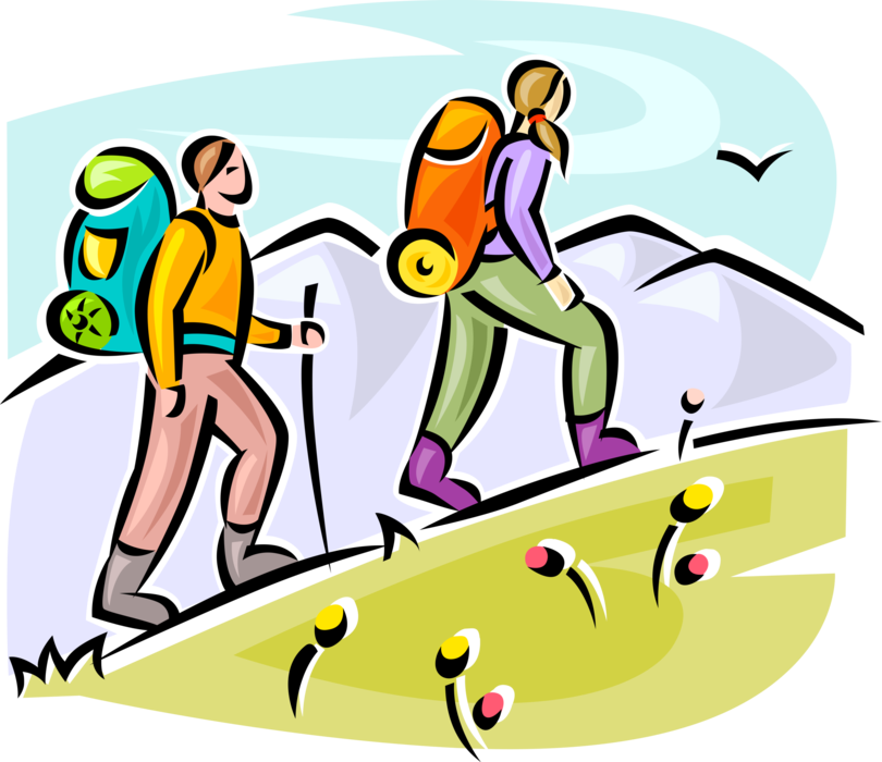 Vector Illustration of Hikers Hiking Up Hill in Natural Environment with Backpack Knapsacks