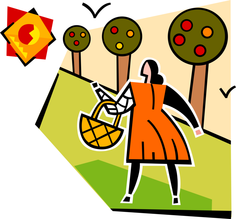 Vector Illustration of Farm Orchard Worker with Basket and Apple Trees