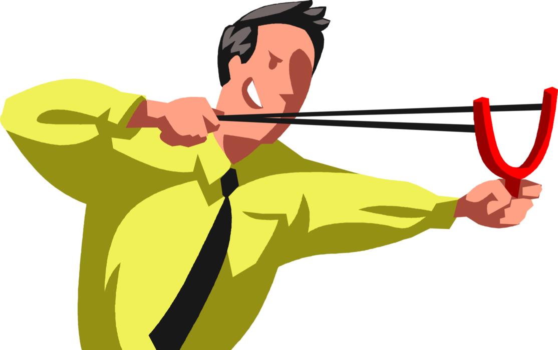 Vector Illustration of Businessman Fires Slingshot Projectile to Retaliate from Attack