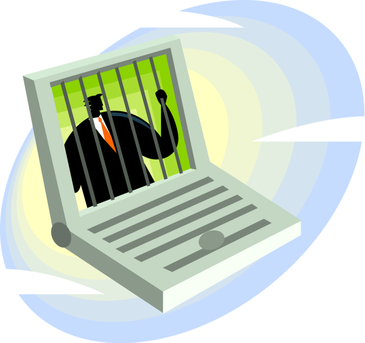 Vector Illustration of Incarcerated Businessman Prisoner Trapped Behind Technology Bars in Laptop Computer