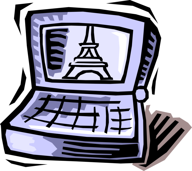 Vector Illustration of Vacation Travel Browse Internet with Laptop or Notebook Portable Personal Computer and Eiffel Tower