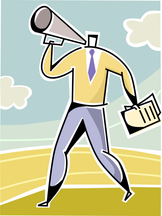 Vector Illustration of Businessman Announces Important Business Proclamation with Megaphone Bullhorn to Amplify Voice
