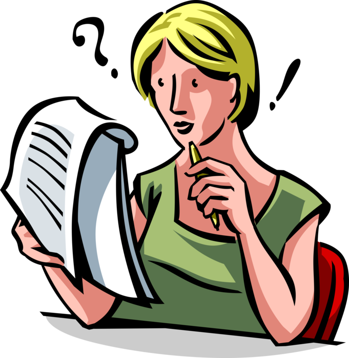 Vector Illustration of Skeptical, Confused Businesswoman Shows Incredulous Disbelief While Reading Document
