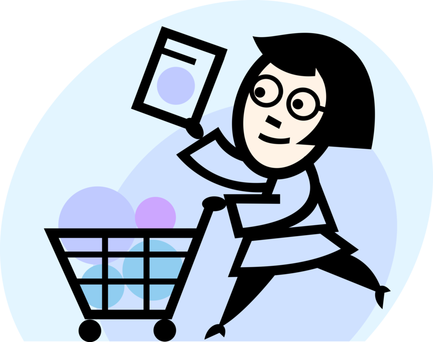 Vector Illustration of Supermarket Grocery Shopper with Shopping Cart and Products
