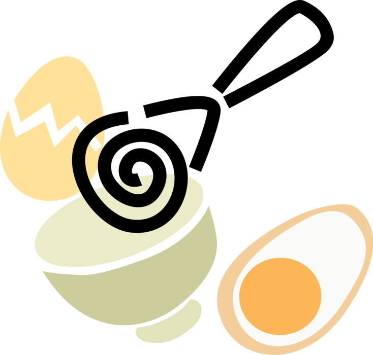 Vector Illustration of Whisk Cooking Utensil Blends Food Ingredients Smooth, with Mixing Bowl and Eggs