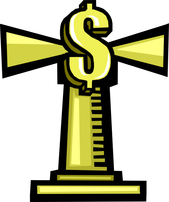 Vector Illustration of Lighthouse Beacon Emits Light as Navigational Aid for Financial Investment with Cash Money Dollar Sign