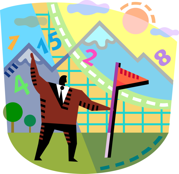 Vector Illustration of Businessman Mountaineer Ready to Plant Flag on Business Chart Summits of Revenue Growth and Profitability
