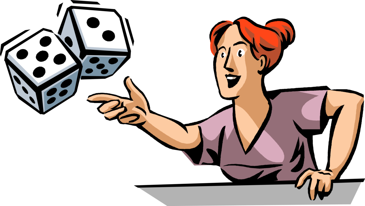 Vector Illustration of Businesswoman Trusts Her Luck with Casino Gambling Games of Chance Craps Table Dice Roll