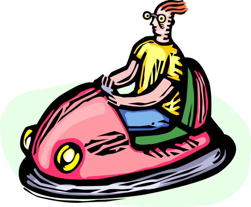 Vector Illustration of Young Adolescent Boy Rides Bumper Car at Amusement Park or Theme Park