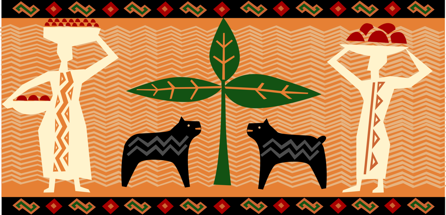 Vector Illustration of African Native Women Carry Harvest Food on Heads with Hyena Animals