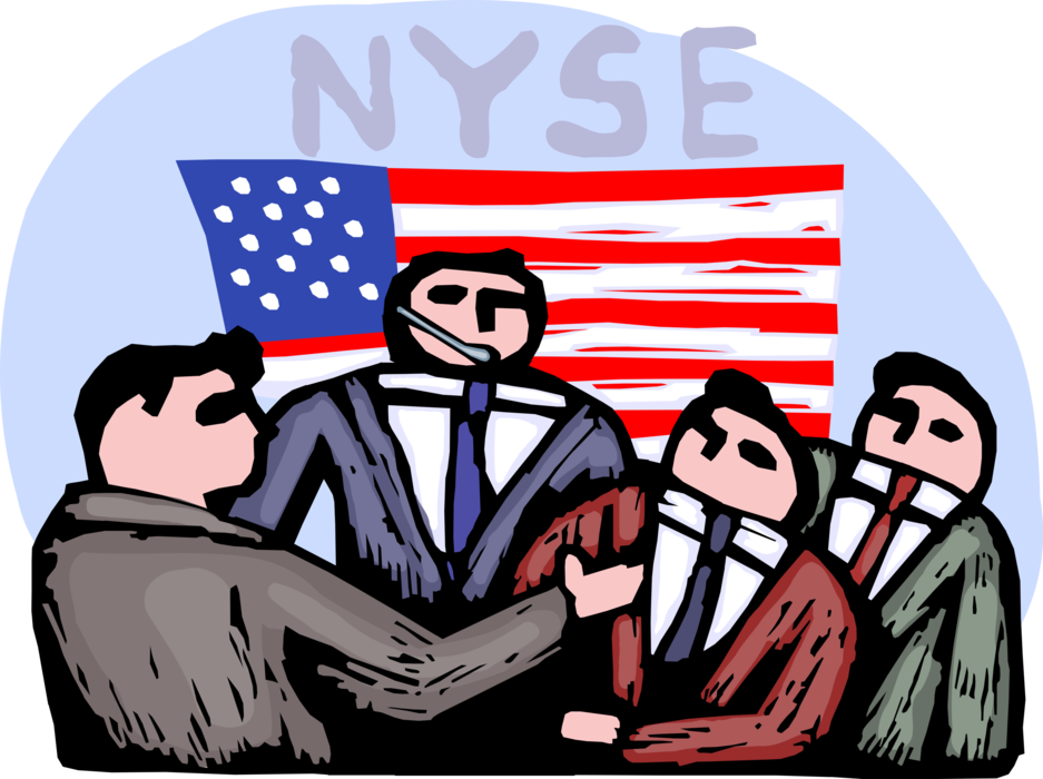 Vector Illustration of New York Stock Exchange, Wall Street Financial Bankers and Investors with American Flag