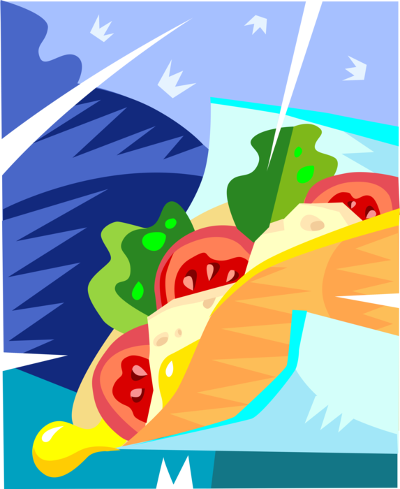 Vector Illustration of Lunch Sandwich Sliced Cheese, Tomatoes, Lettuce in Pita Wrap Flatbread