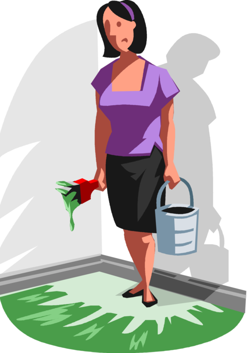 Vector Illustration of Businesswoman Paints Herself into Corner with Paintbrush and Paint Can