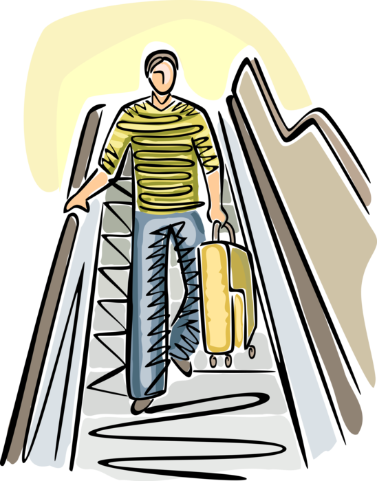 Vector Illustration of Holiday Vacation Traveler Passenger with Luggage Rides Escalator Moving Staircase in Airport Terminal