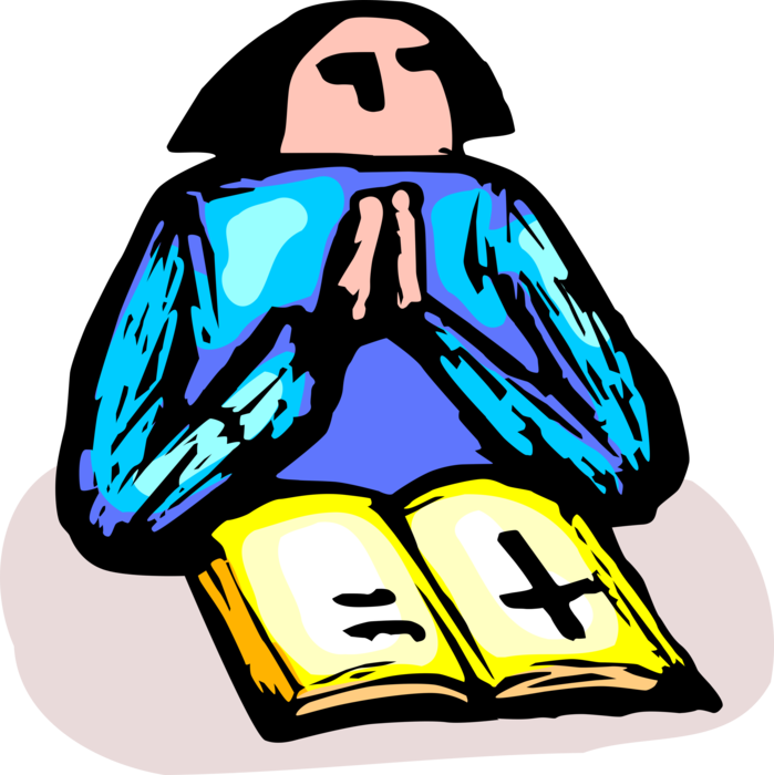 Vector Illustration of Religious Parishioner Reads Christian Bible and Prays