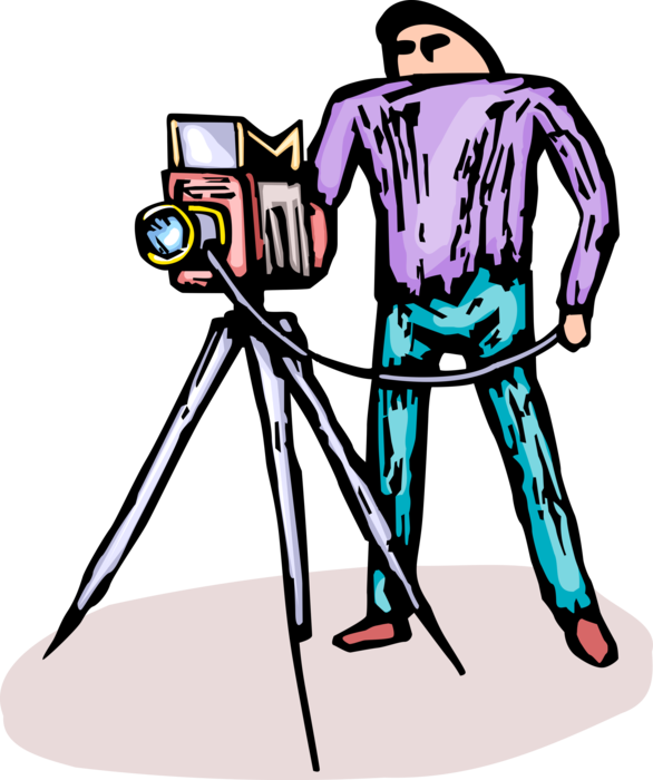 Vector Illustration of Photographer Takes Photo Picture on Tripod with Photography Digital Camera