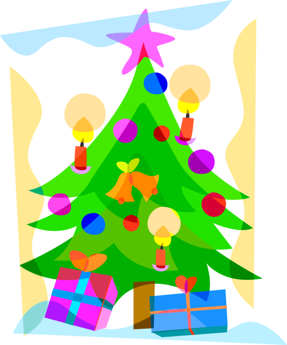 Vector Illustration of Evergreen Christmas Tree with Decoration Ornaments and Presents