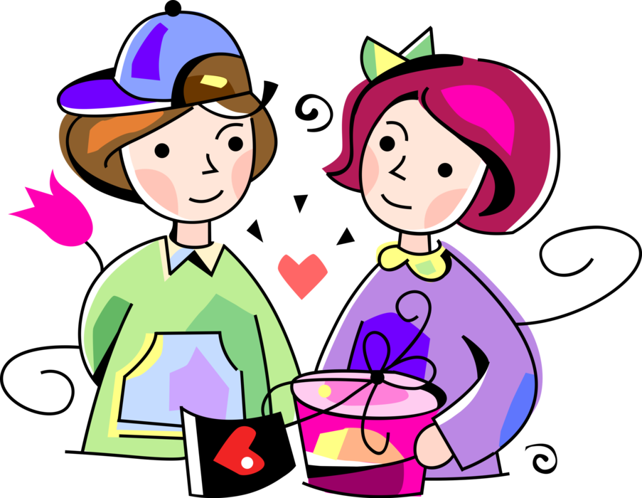 Vector Illustration of Young Love Sweethearts Boyfriend and Girlfriend Exchange Valentine's Day Gifts of Love