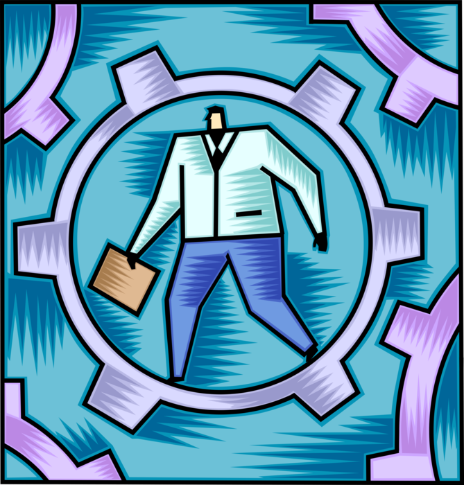 Vector Illustration of Businessman Trapped in Industrial Automation Cogwheel Gear Mechanism