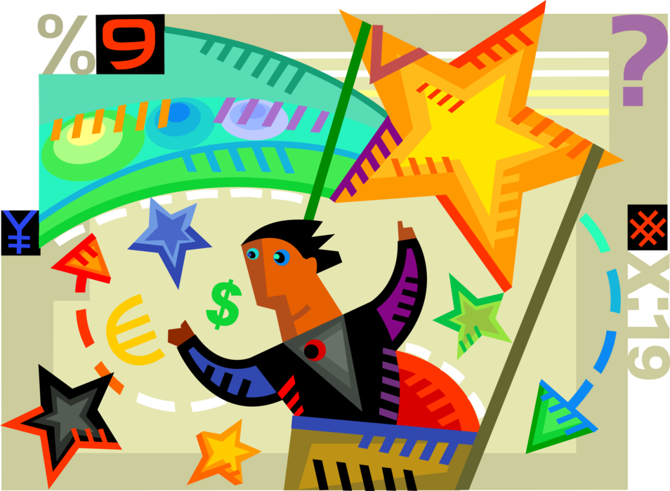 Vector Illustration of Businessman in Hot Air Balloon Gondola Reaches for Shooting Star of Accomplishment and Success