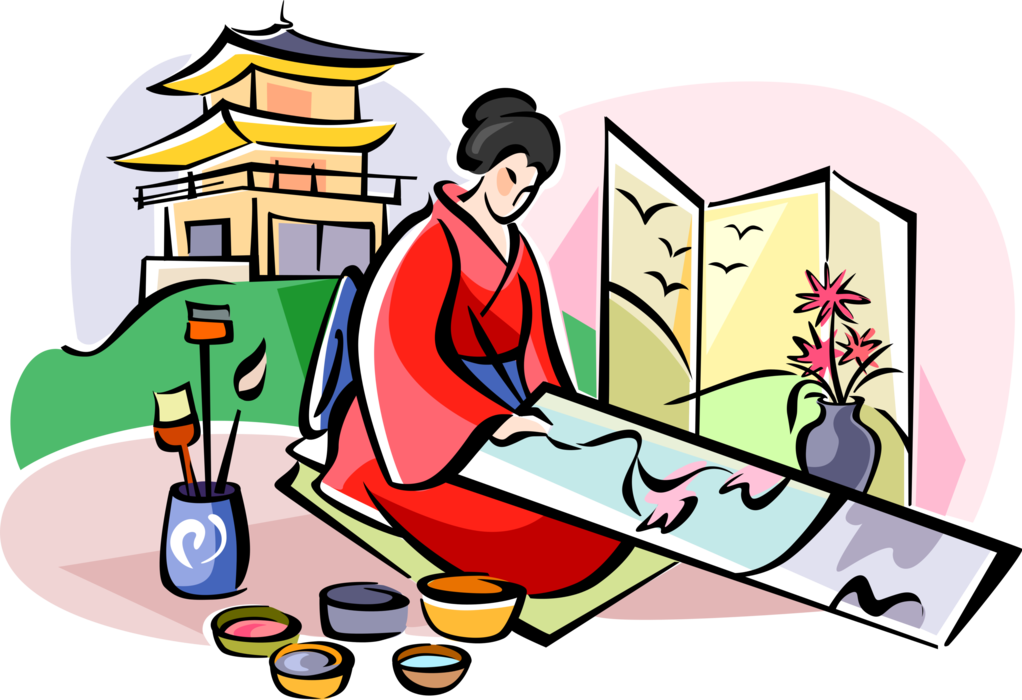 Vector Illustration of Japanese Artist in Kimono Paints Scene with Paintbrush