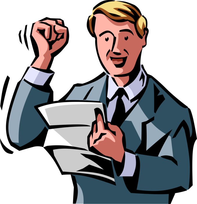 Vector Illustration of Satisfied Businessman Reads Letter Correspondence with Air Punch Gesture of Triumph or Accomplishment