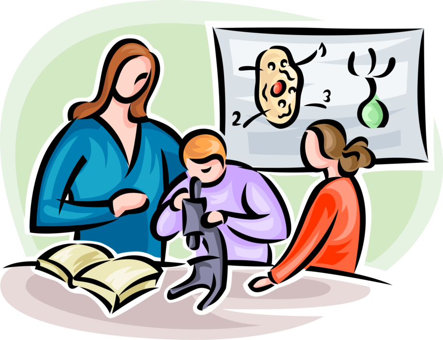 Vector Illustration of Teacher with Students in Classroom Study Microscopic Organisms Through Microscope