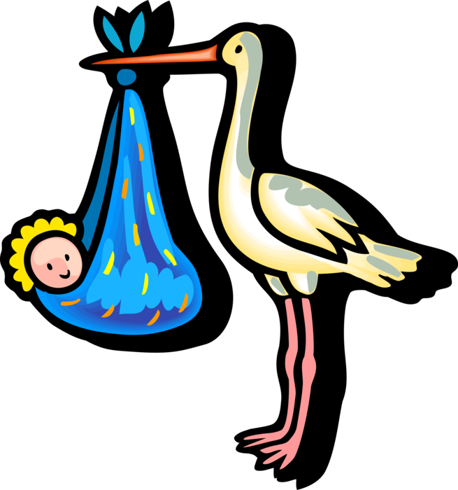 Vector Illustration of Stork Bird Delivers Newborn Infant Baby