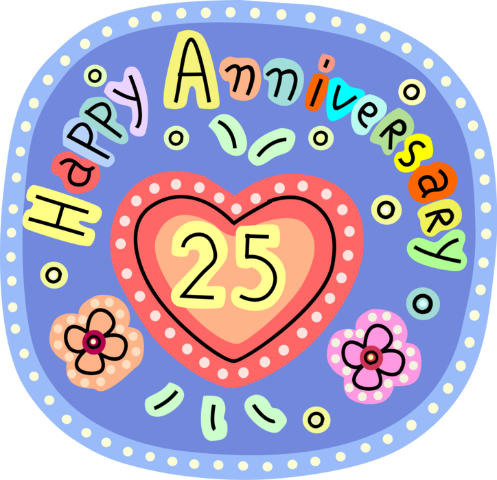 Vector Illustration of Happy 25th Twenty-Fifth Wedding Anniversary Greeting Card with Romance Love Heart